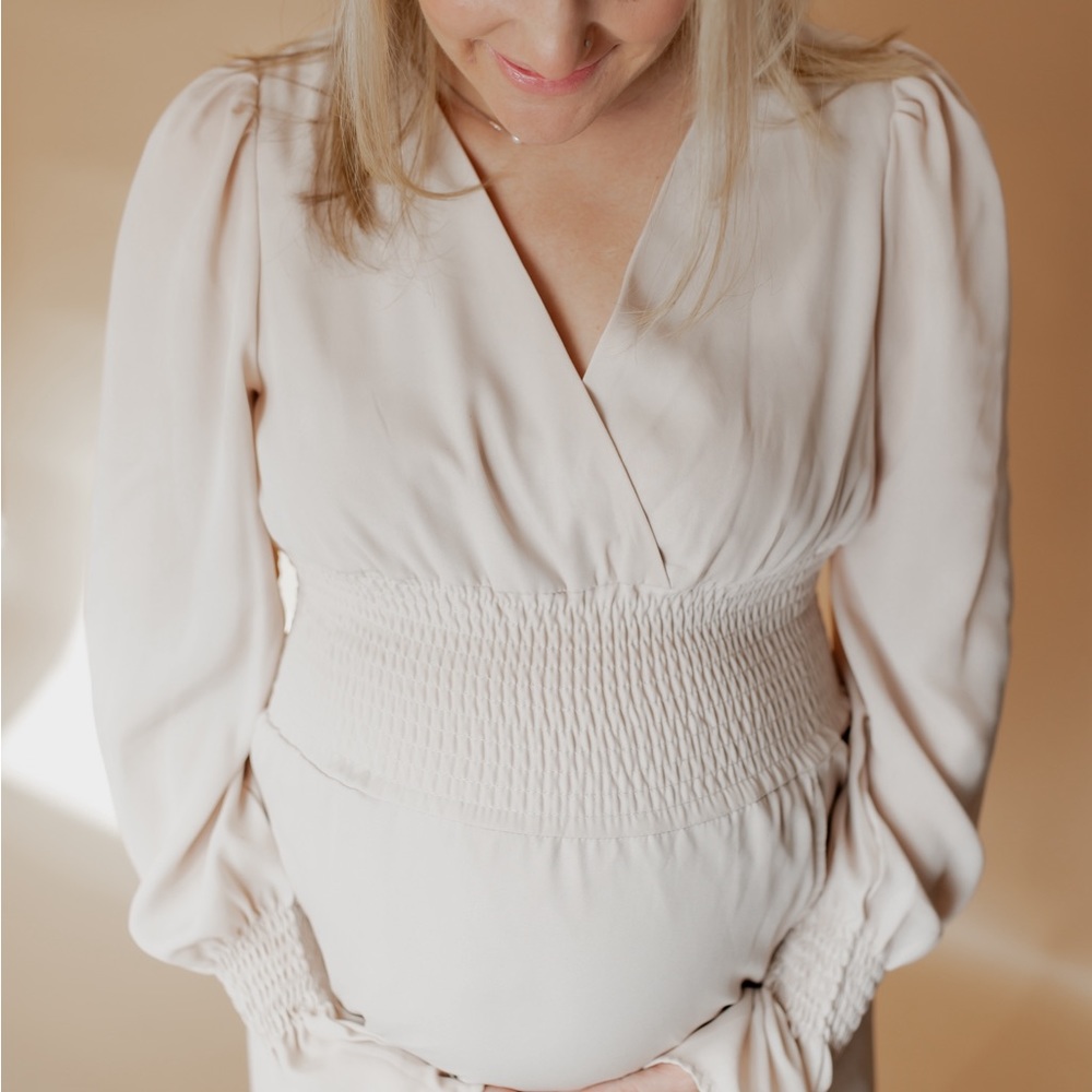 Maternity Dress: shirred waist split dress